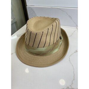 Goonin Tan Pinstripe Fedora Hat With Plaid Ribbon Band & Decorative Button